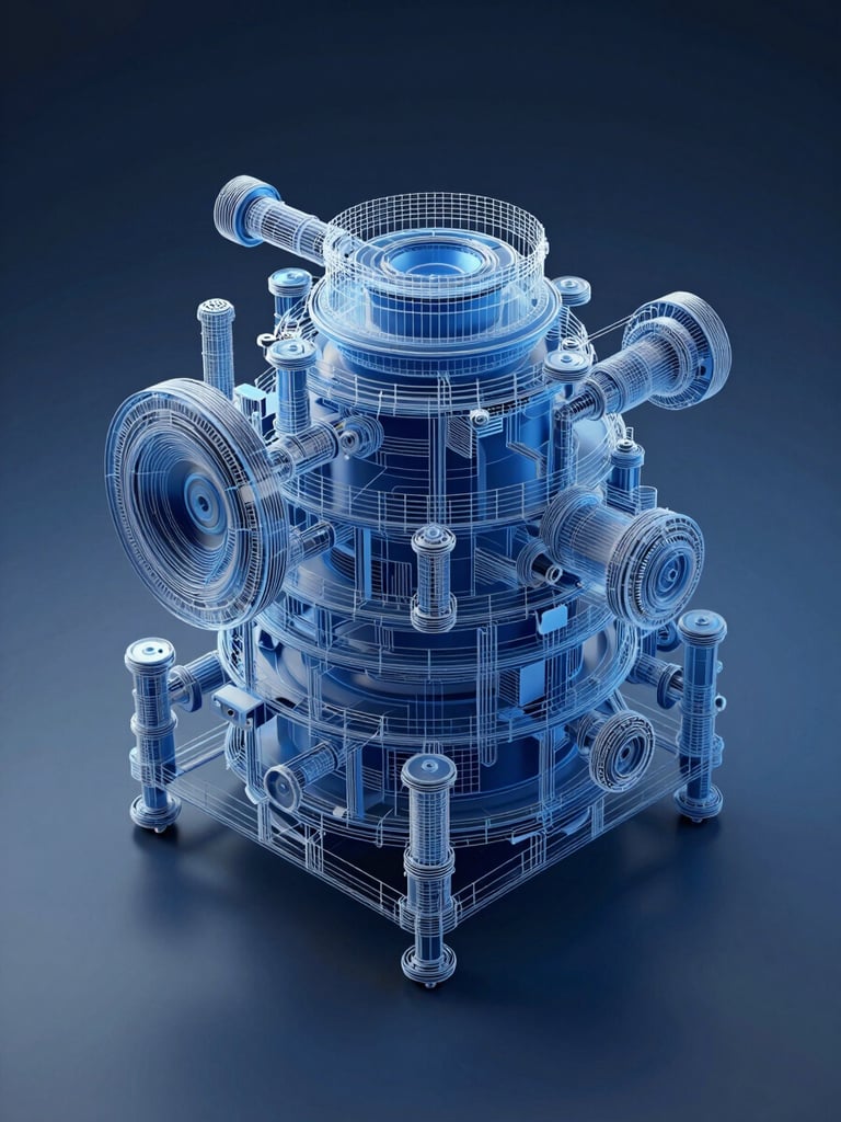 Orthographic 3D render of a complex mechanical wireframe, cool artificial blue light, sharp shadows, technical blueprint aesthetic