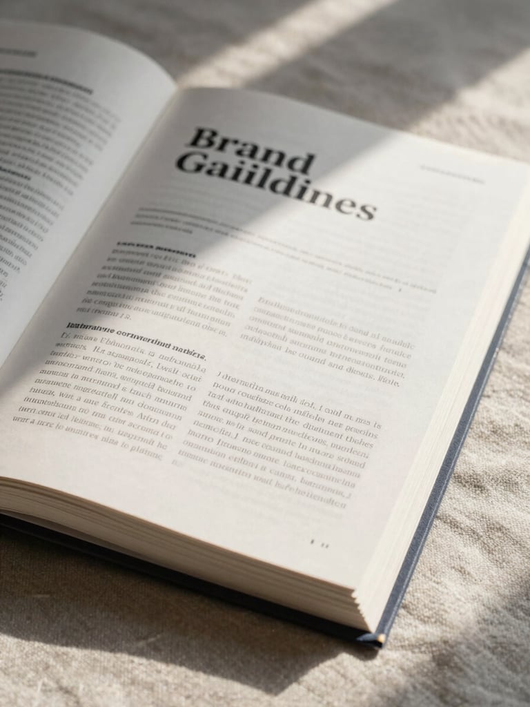 A close-up, high-texture photograph of an open physical brand guidelines book on a heavy linen table, soft morning light casting gentle shadows across printed typography.