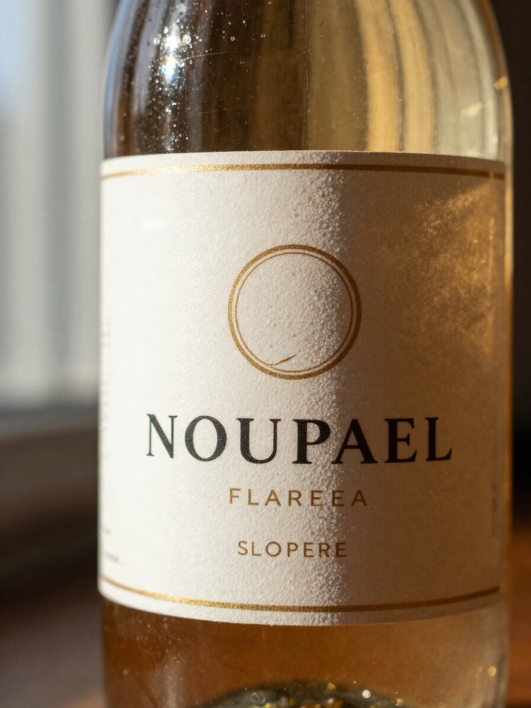 Close detail shot of a branded product label on a glass bottle, natural window light raking across the surface, warm amber and cream tones, shallow depth of field, real-world counter setting