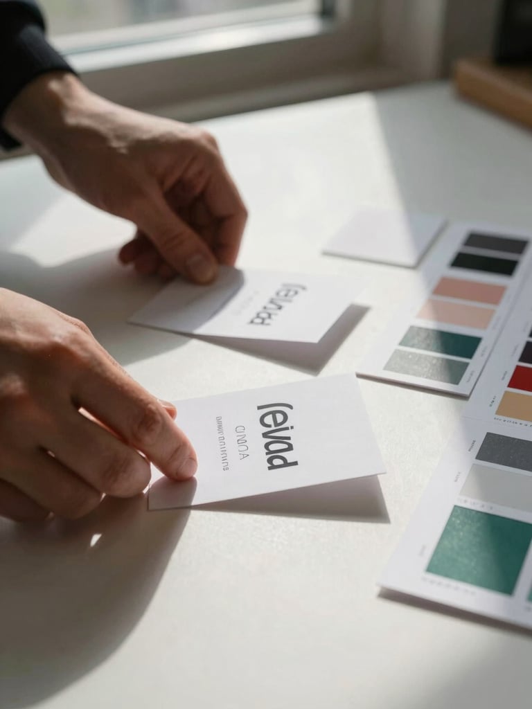 Close-up of a designer's hands arranging printed brand identity cards on a matte white surface, natural window light raking across the paper, typography and color swatches visible at actual size