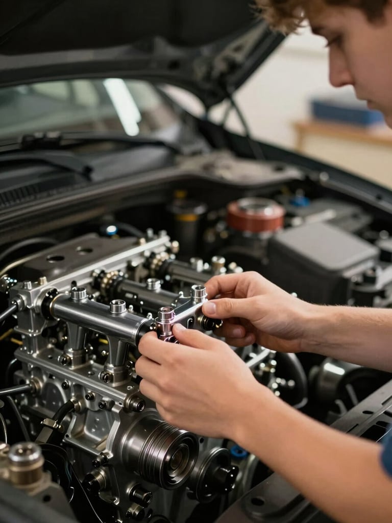 Close-up of a teenage student's hands gripping an engine component inside an open hood, tungsten shop lighting casting warm amber across their forearms and the chrome fittings, shallow depth of field, eye-level framing