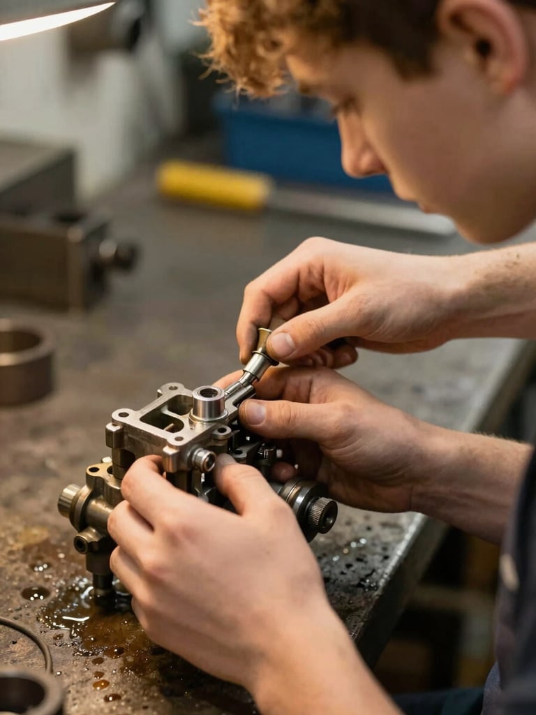 Close-up documentary shot of a teenage student's hands gripping a carburetor under tungsten shop lighting, an experienced technician's forearm visible beside them guiding the work, oil-stained workbench in the background, warm amber light catching the metal surfaces
