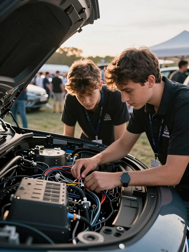Wide eye-level shot of two students leaning over an open dashboard panel at a car show event floor, a technician pointing at wiring harness bundles, golden-hour outdoor light, crowd and vehicles visible in background