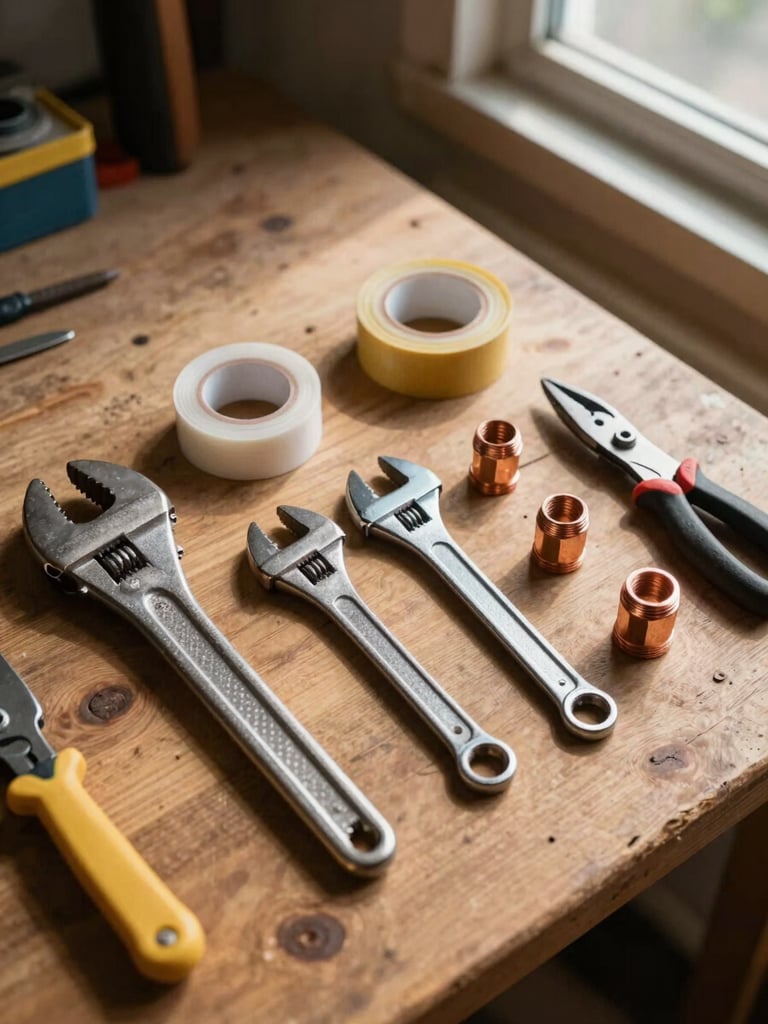 Close overhead view of plumbing tools laid out in deliberate order on a worn wooden workbench — pipe wrench, adjustable spanner, Teflon tape, copper fittings, cutting tool — under natural daylight from a side window, no clutter beyond the tools, strong directional shadows defining each object's form