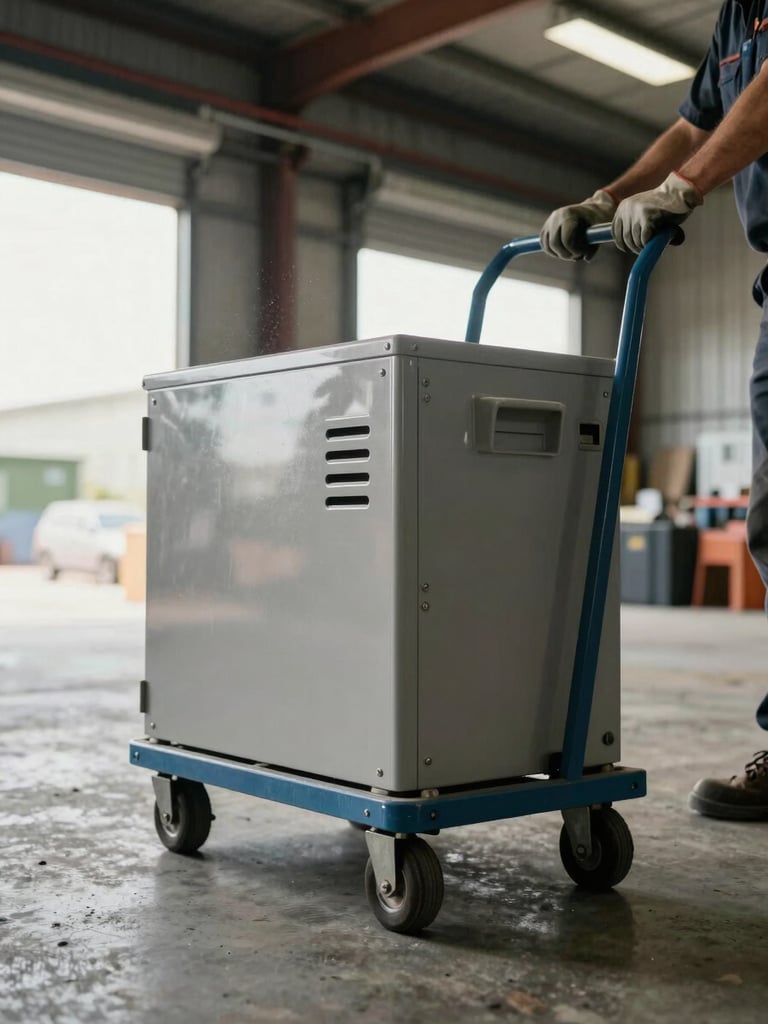 Close-up wide shot of a worker's gloved hands gripping a heavy appliance dolly on a concrete floor, industrial warehouse interior visible in background, natural daylight from open bay doors, dust visible in the air