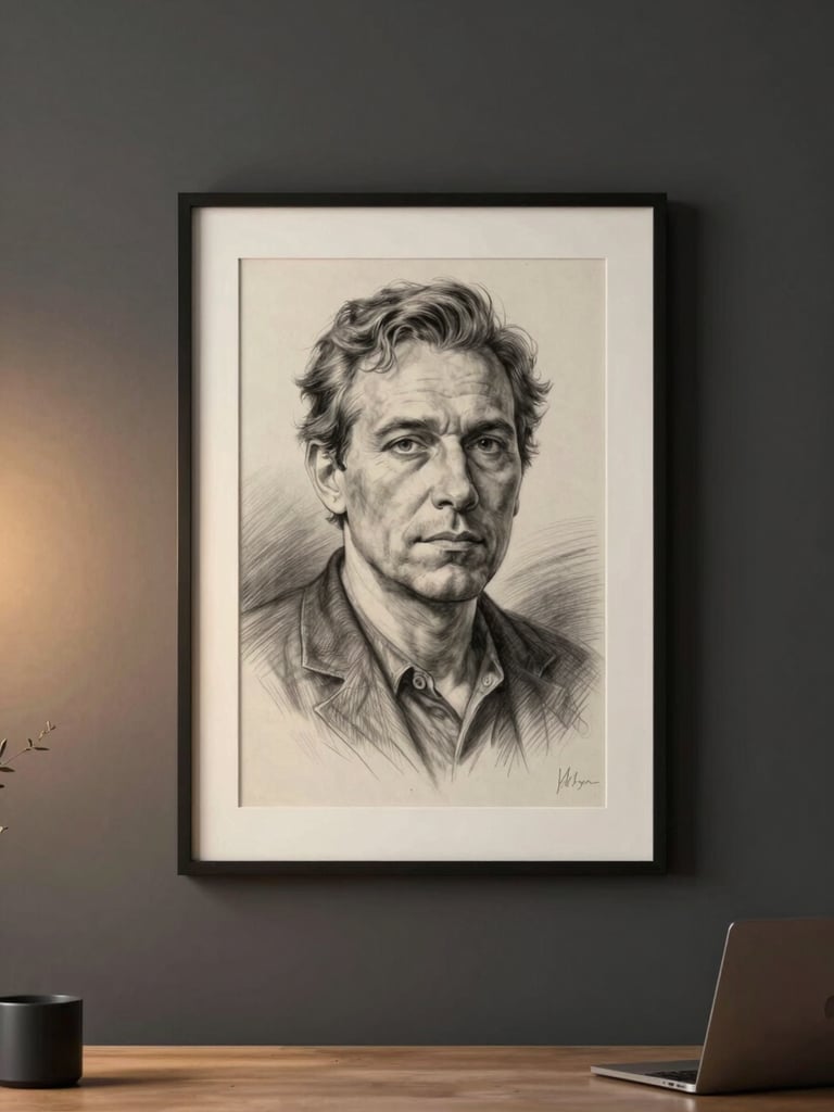 Warm architectural home office interior, a framed pencil sketch portrait mounted on a deep charcoal accent wall, warm incandescent side-light illuminating the piece from the left, minimal desk surface visible in the lower foreground, no people present, high-resolution detail visible in the sketch's tonal gradients