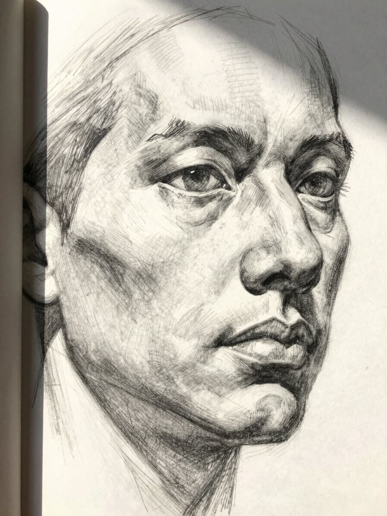 Extreme close-up of a photograph-derived pencil sketch on white paper, left-edge bleed, the subject's facial structure rendered in precise graphite lines with tonal hatching visible in the shadow planes, north-facing gallery daylight raking across the paper surface to reveal pencil texture and tooth, tight portrait crop