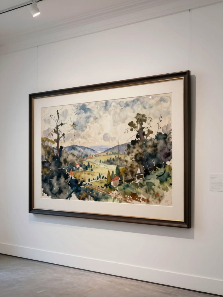 Wide interior gallery wall view, a large framed watercolor painting hung at eye level on a warm white plaster wall, north-facing daylight casting clean even illumination across the surface, brushwork visible in close proximity, architectural moulding at the edge of frame, no people present