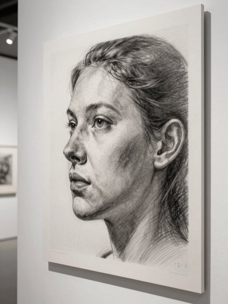Extreme close-up of a finished pencil sketch mounted in a white-walled architectural interior, north-facing gallery daylight raking across the paper surface to reveal graphite sheen and fine cross-hatching detail, unretouched tonal gradients from near-white to deep charcoal, no frame visible at edges