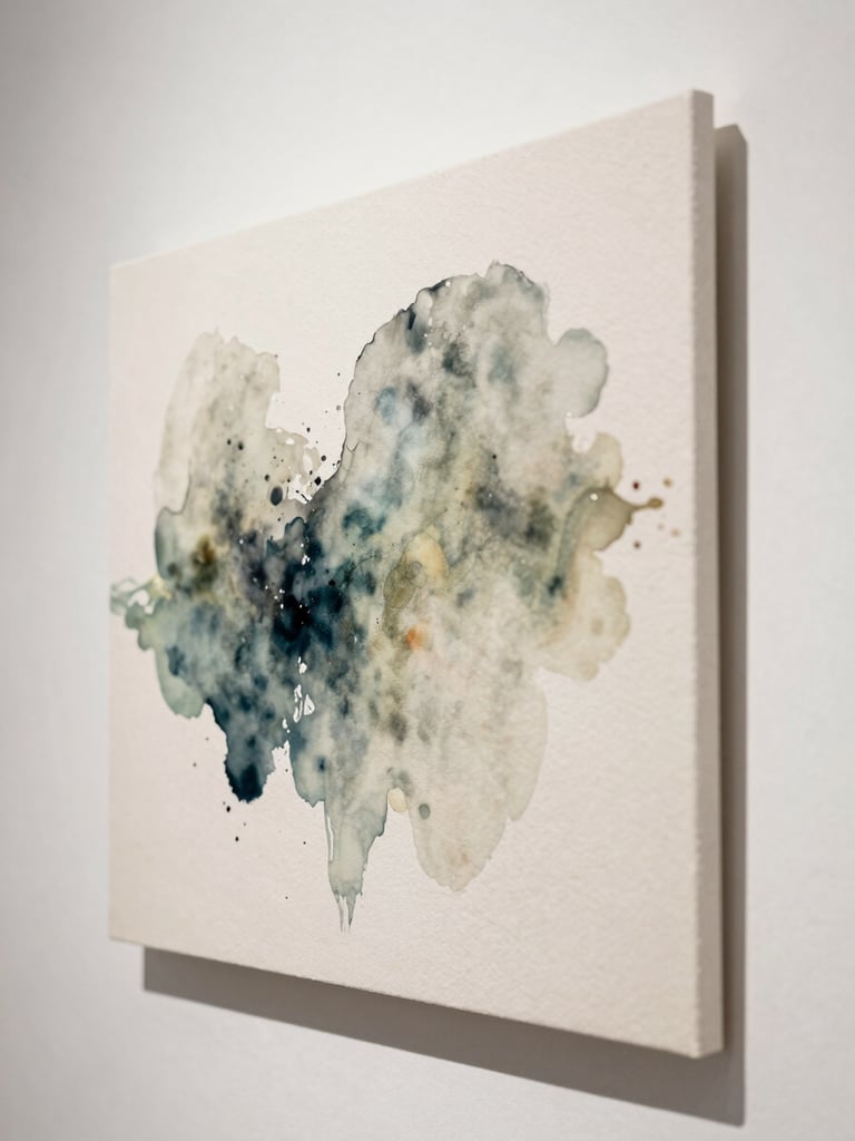 Close-up of a finished watercolor painting hung on a warm white gallery wall, north-facing daylight revealing translucent washes of pigment and soft wet-edge brushwork, extreme crop showing paint texture and paper grain, no frame visible at edges