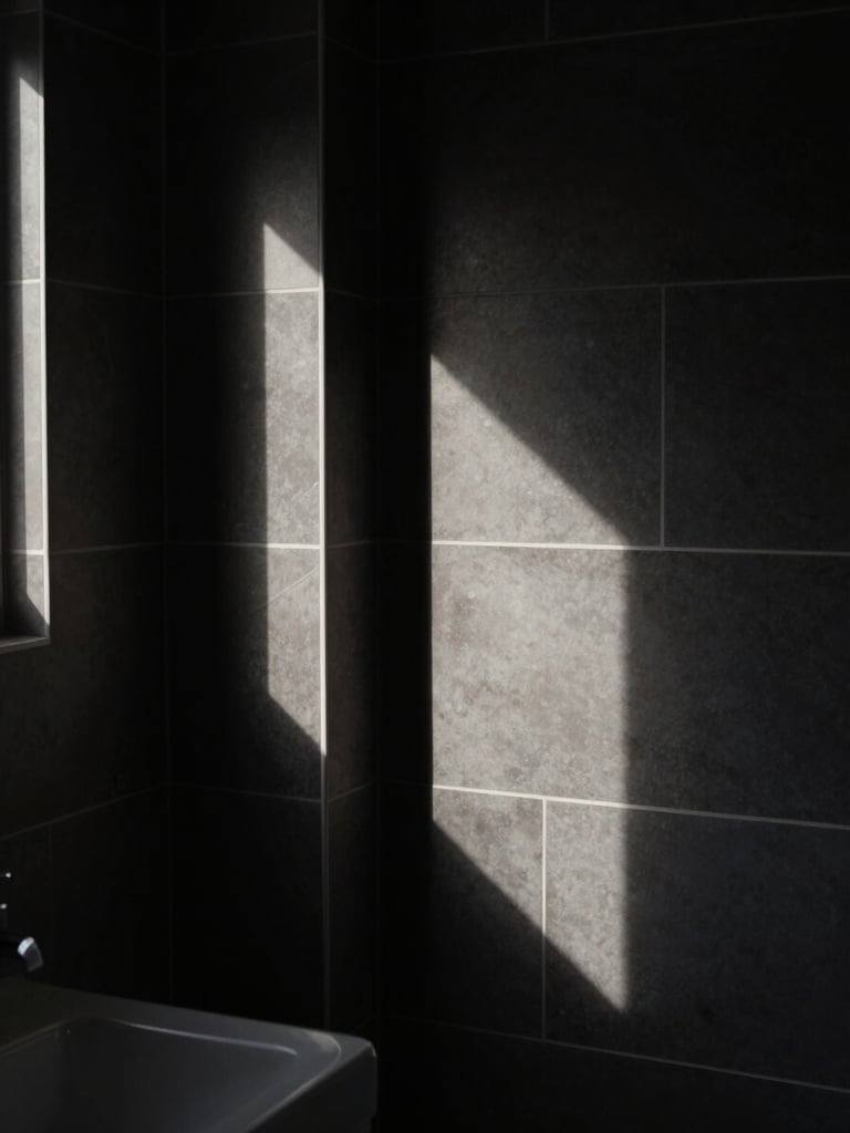 Moody architectural photography of a modern bathroom, sharp geometric tile lines, high-contrast directional lighting, deep shadows, 35mm tilt-shift lens.