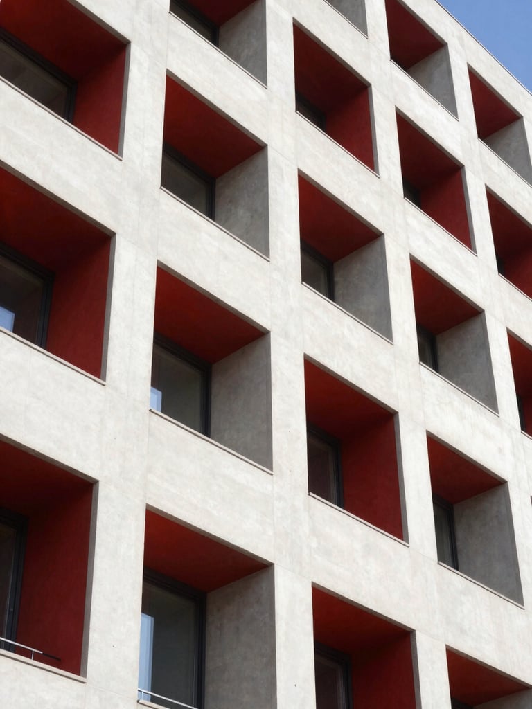 Heroic low angle architectural photograph of a modern concrete building facade under bright daylight, clean lines, sharp shadows.