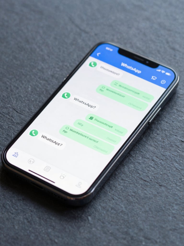 Close-up of a modern smartphone showing a clean WhatsApp chat interface with professional customer service messages, cool blue studio lighting, sharp focus on the screen, slate gray background