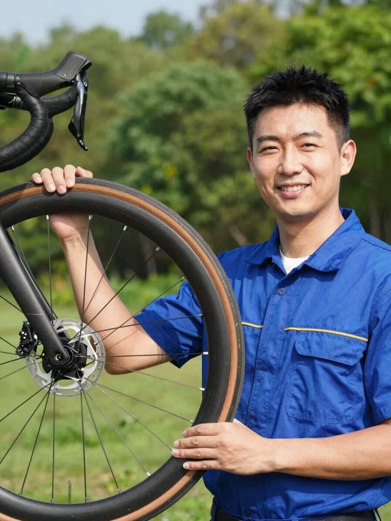 Close-up portrait of a friendly male mechanic and guide holding a touring bicycle wheel, bright outdoor daylight