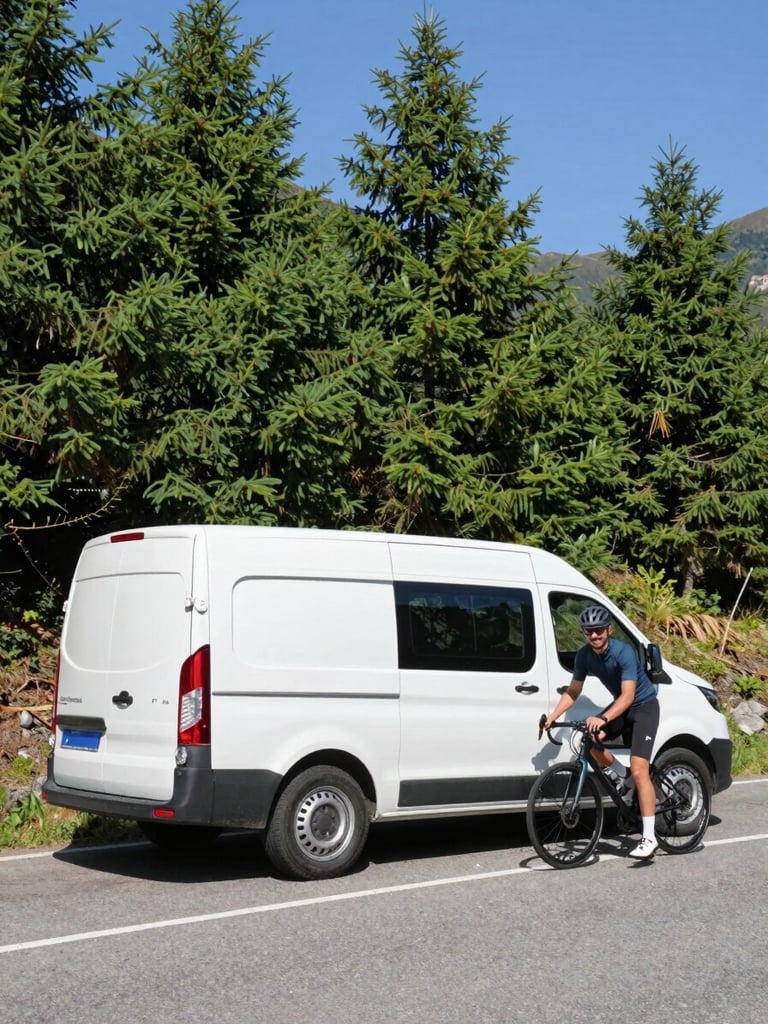 A clean modern support van parked on a scenic mountain road shoulder, a cyclist in high-quality gear smiling nearby, bright natural daylight, pine trees and blue sky