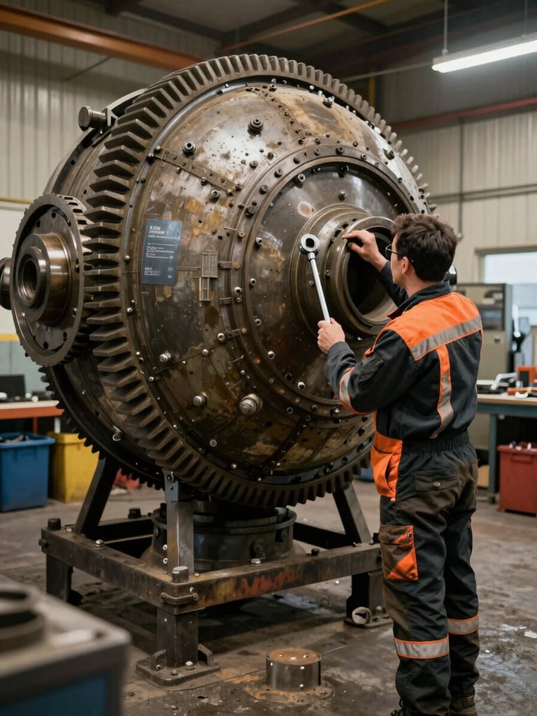 A certified mechanic in a dark uniform inspecting a massive planetary gear system, holding a torque wrench, safety orange accents on the uniform, warm workshop lighting.