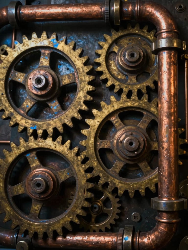 Tight cinematic close-up of interlocking weathered brass gears and copper pipes, dramatic high-contrast lighting with electric blue highlights, industrial texture