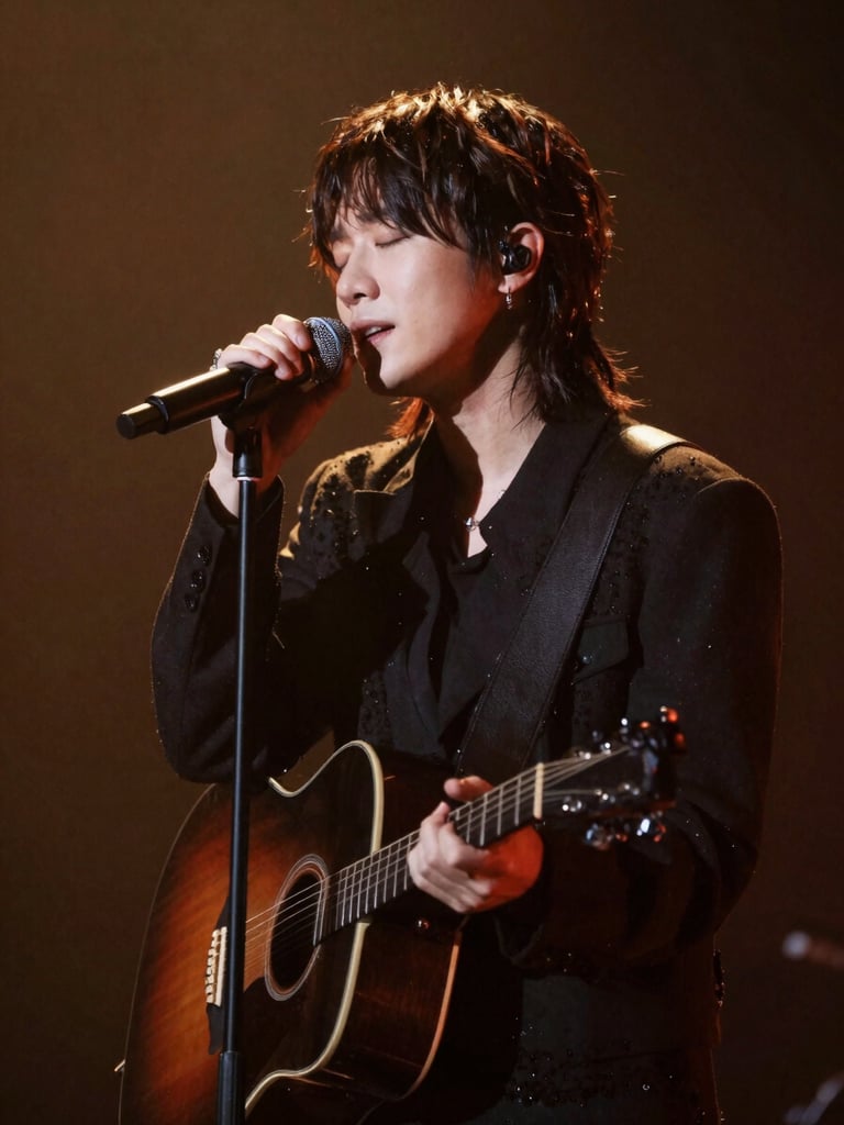 Low-light medium shot of a singer-songwriter at a microphone, eyes closed, warm amber stage light illuminating the silhouette against a dark background.