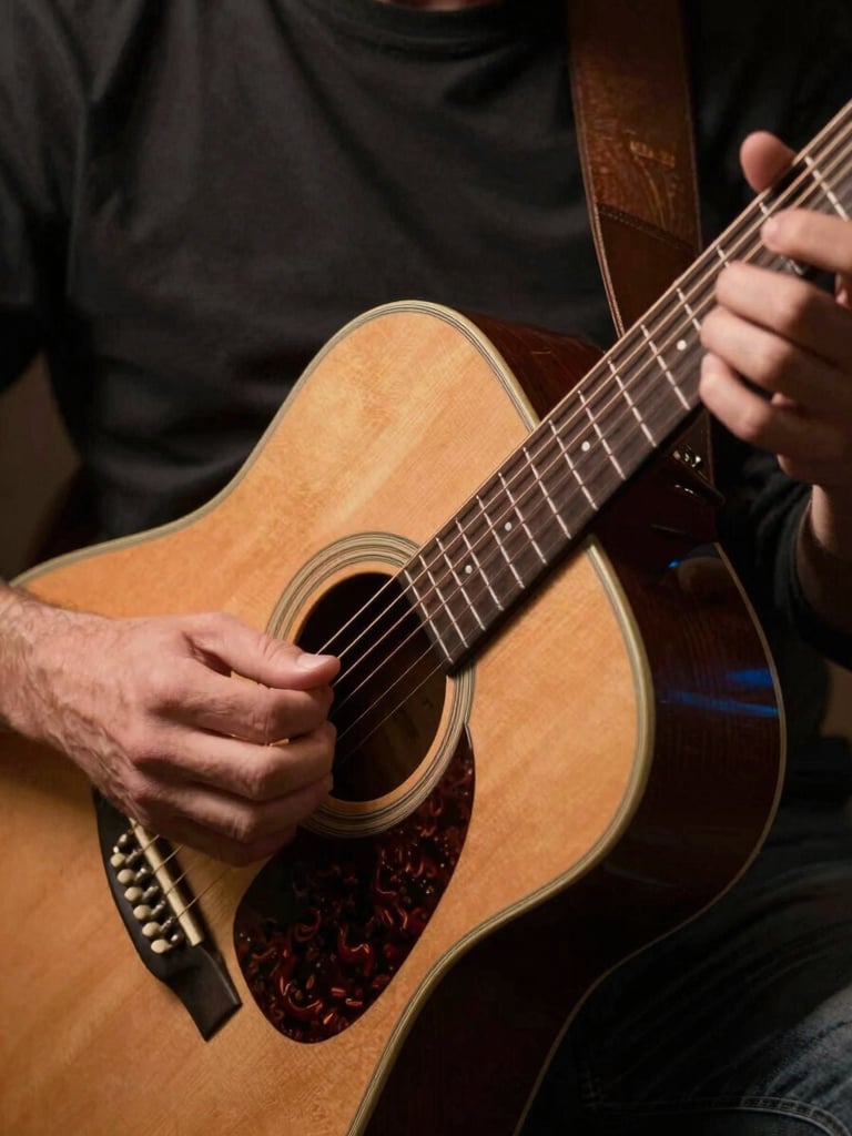 Tight close-up of hands playing an acoustic guitar under warm amber stage lighting, deep charcoal background.