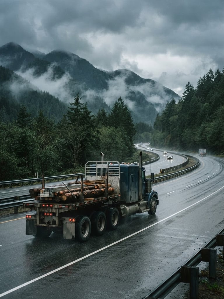 Grounded editorial photo of a commercial semi-truck driving on an overcast highway in the Pacific Northwest, desaturated industrial tones, 35mm lens