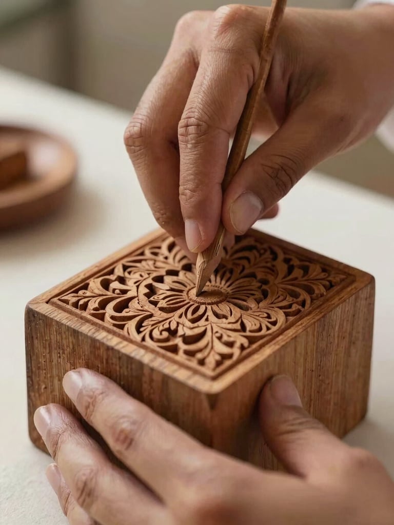 Close-up of hands carving intricate floral patterns into a block of fragrant Mysore sandalwood, soft natural side lighting, shallow depth of field.