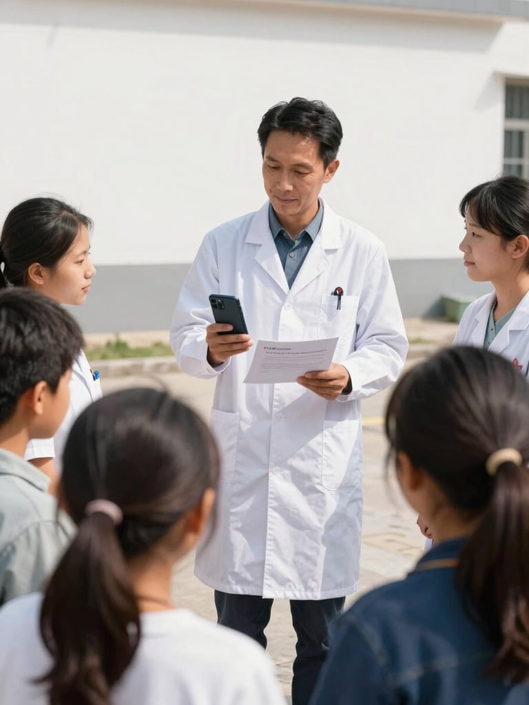 A health educator in bright daylight showing course materials on a mobile phone to a small group of community members in an outdoor setting.