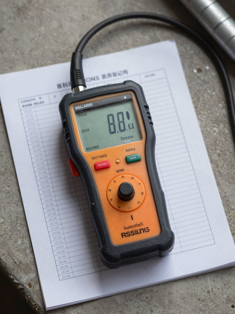 Close-up overhead view of a calibrated insulation resistance tester resting on a technical measurement log sheet on a concrete floor, natural overcast site lighting, electrical conduit visible at the edge of frame