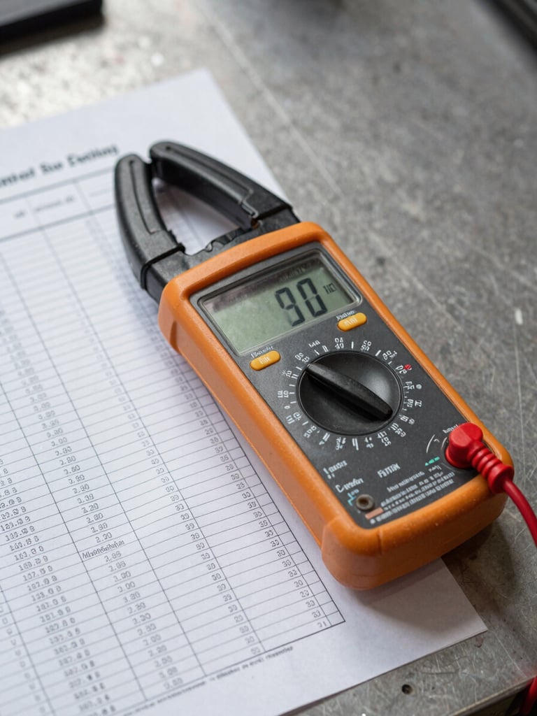 Overhead close-up of a calibrated digital multimeter and clamp meter resting on a printed test report with handwritten measurement values, overcast natural light on a grey metal work surface