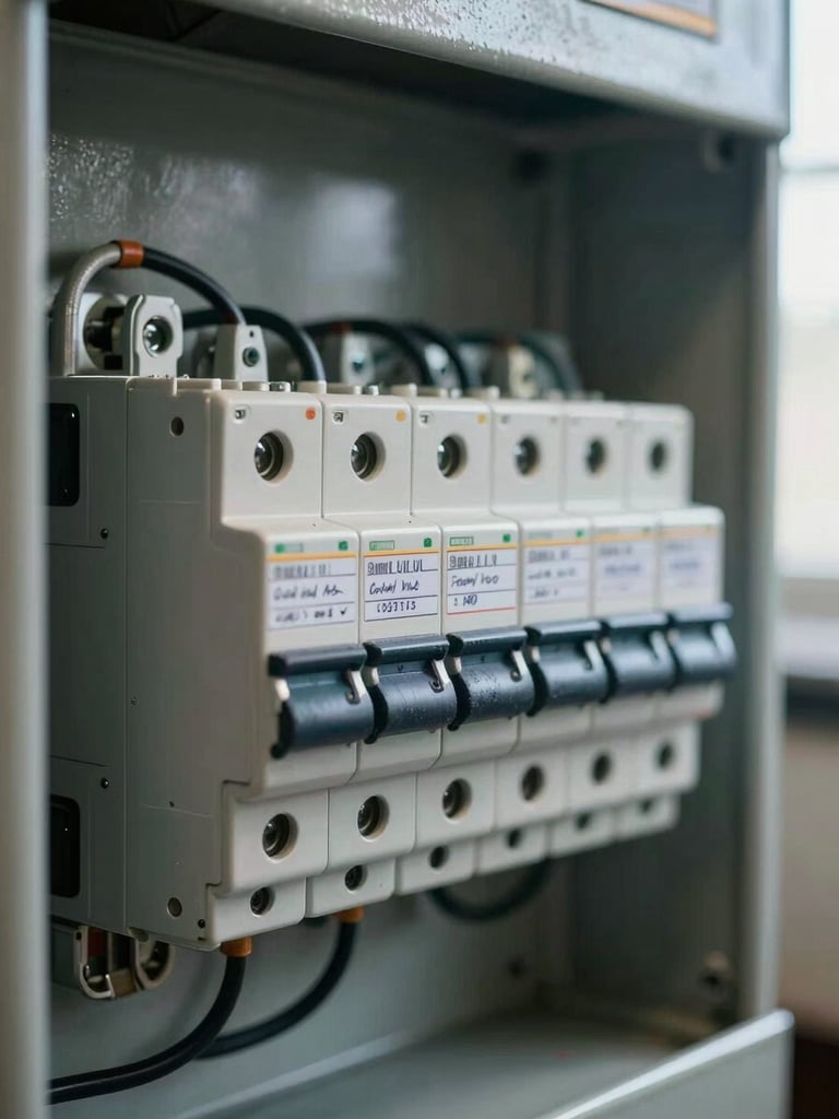 Close-up of a properly labeled electrical distribution panel, circuit breakers neatly arranged and terminal blocks with handwritten cable labels, natural site lighting from a nearby window, slight industrial sheen on the metal enclosure, shallow depth of field on the label text