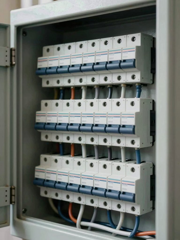 Close-up of a properly labeled electrical panel interior, neatly bundled cables with numbered ferrules, circuit breakers aligned, natural site lighting from a nearby window casting no shadows on the components