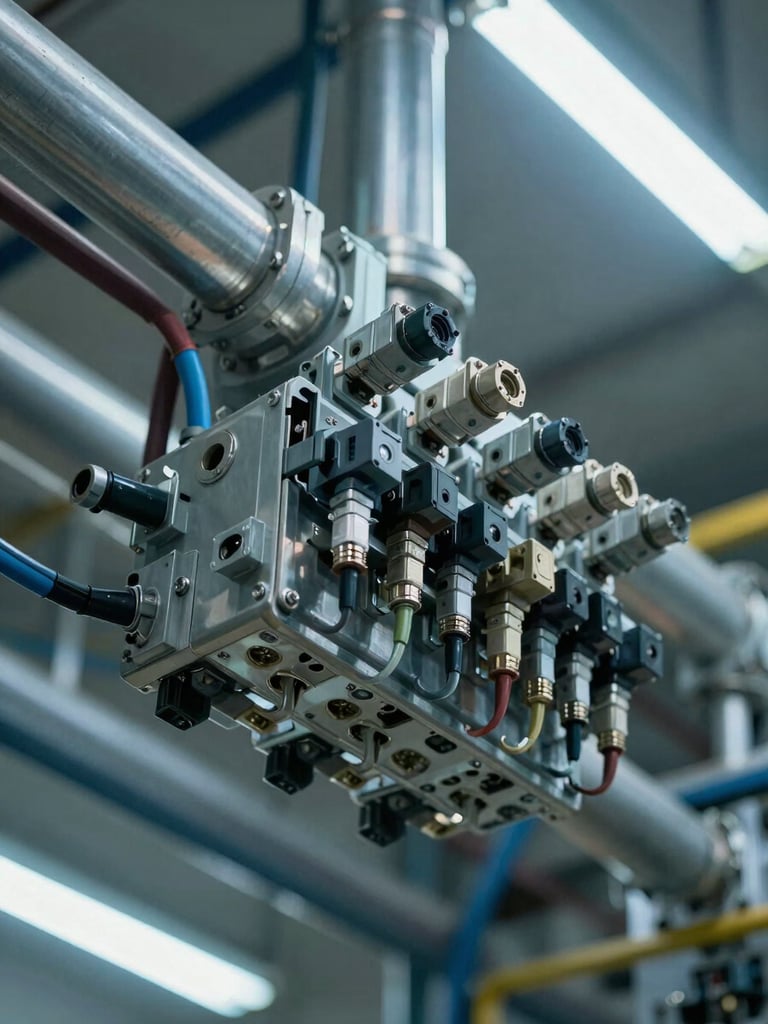 Extreme close-up overhead view of an industrial sensor array mounted on a steel pipe manifold in a manufacturing facility, dense cable runs visible, even cool ambient fluorescent lighting, no people, crisp technical detail of connectors and conduit clamps