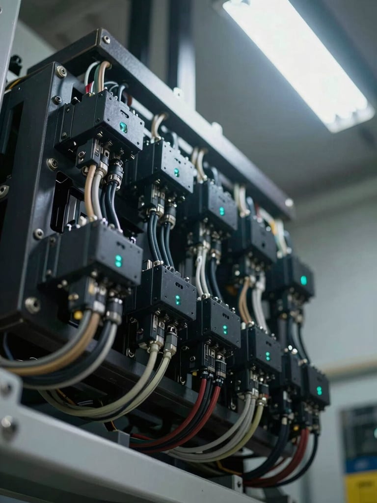 Extreme close-up overhead view of an industrial sensor array mounted on heavy manufacturing equipment, dense cable runs and connector blocks in sharp focus, cool even ambient light from overhead fluorescent panels, no human presence, dark metal surfaces with cyan indicator LEDs visible