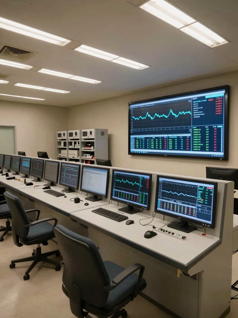 Wide overhead shot of a industrial control room interior, multiple large monitoring screens displaying live process data dashboards with blue and cyan line graphs and numeric readouts, equipment racks visible along one wall, cool fluorescent overhead lighting, empty operator chairs, no people, no warm tones, clean and ordered