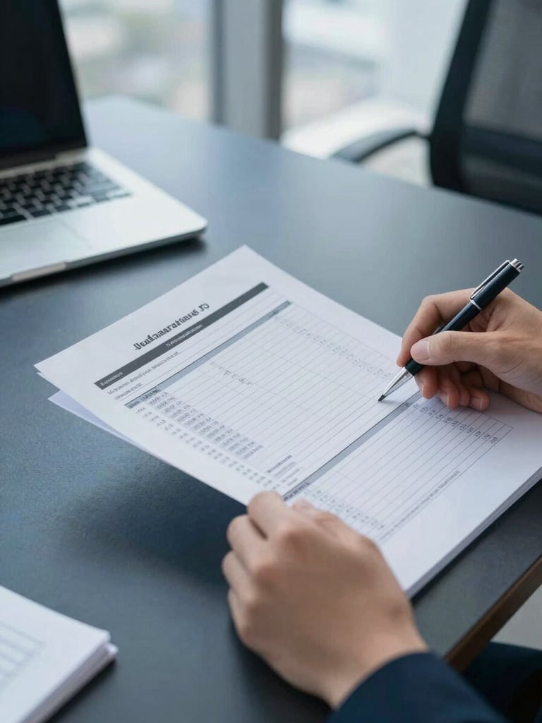 Close-up of hands reviewing complex financial transfer pricing spreadsheets and legal documents on a dark slate desk, cool daylight, 35mm