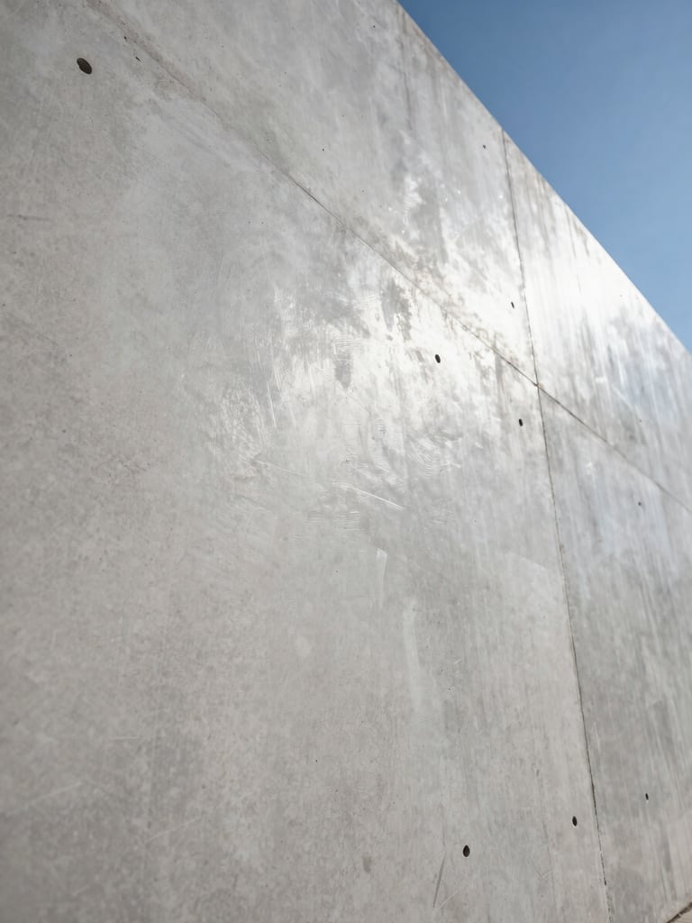 Low-angle close-up of an ultra-smooth concrete L-wall surface showing bright daylight reflections on the glossy finish, sharp geometric edges