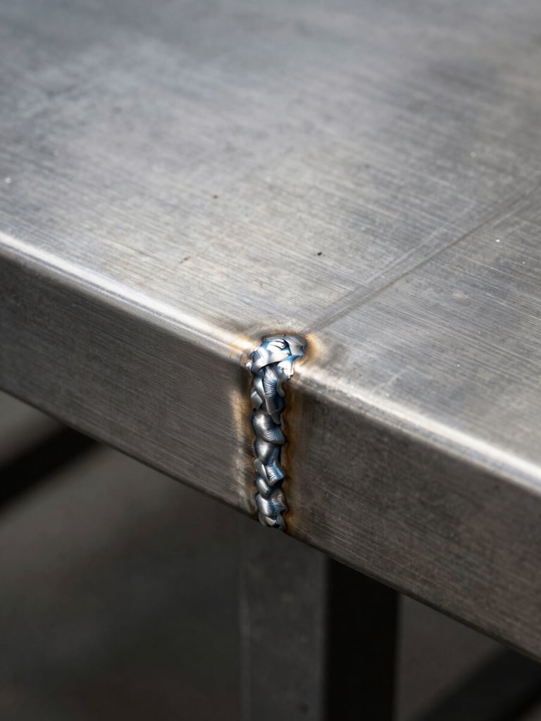 Extreme close-up overhead shot of an inoxidable steel countertop corner joint, welded seam machined to near-invisible finish, natural north-facing studio light skimming the brushed surface to reveal grain direction and fabrication precision, no hands, no objects, only metal geometry