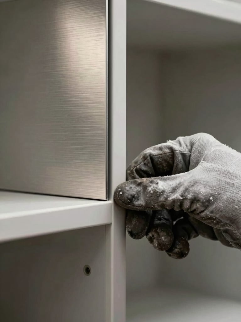 Extreme close-up portrait-format shot of a hand in a work glove positioning an inoxidable panel into a cabinet frame during installation — natural task lighting from the left reveals the brushed surface texture, the panel edge, and the gap tolerance between panel and frame; tight framing, industrial precision focus