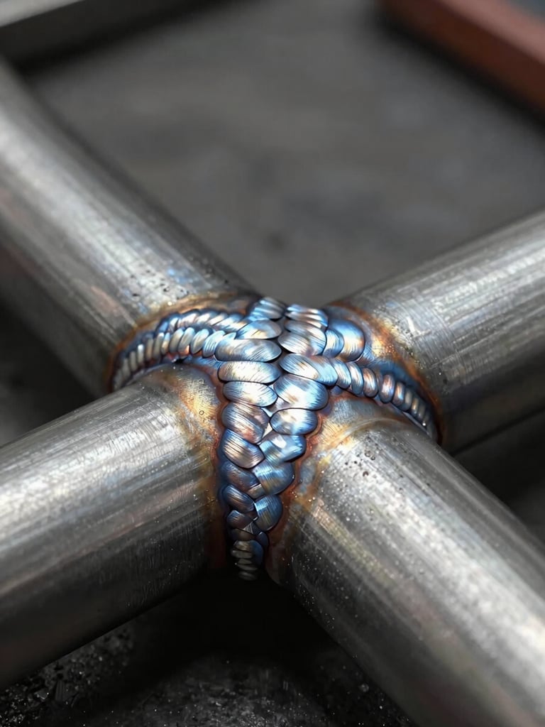 Extreme close-up of a freshly welded stainless steel joint, shot from a low angle against a dark charcoal workshop background. North-facing task lighting rakes across the weld bead, revealing the precise seam geometry and brushed surface finish on either side. No hands, no people — the weld itself is the entire subject.