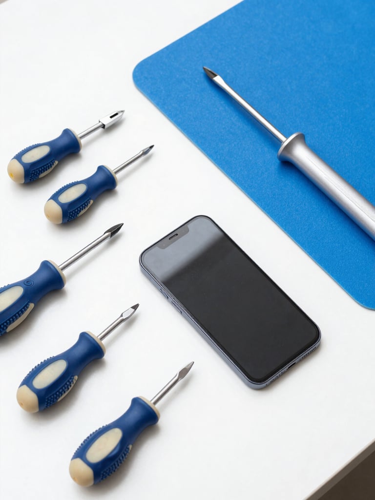 Overhead flat-lay of a clean, modern repair workbench, organized precision screwdrivers, blue anti-static mat, opened smartphone showing clean internal circuits, bright high-key studio lighting.