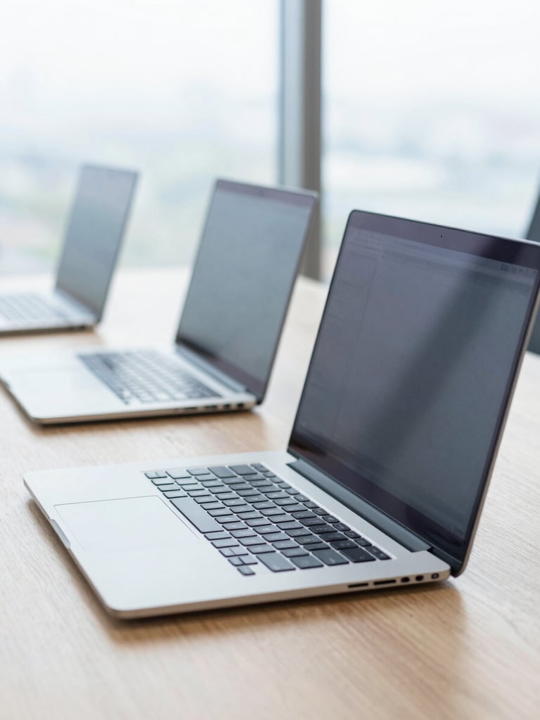 Clean array of modern corporate laptops on a bright wooden desk, soft natural light, professional depth of field