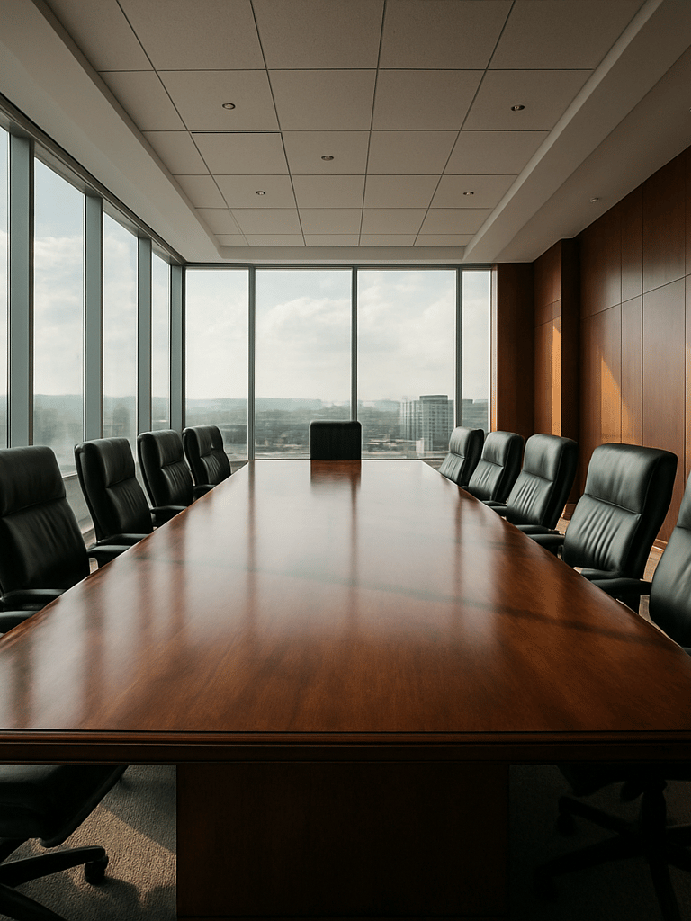 Vista en ángulo contrapicado de una sala de juntas corporativa de alta dirección en Centroamérica, luz natural intensa filtrándose por ventanales de piso a techo, mesa de madera noble pulida, ambiente de toma de decisiones estratégicas de alto nivel.