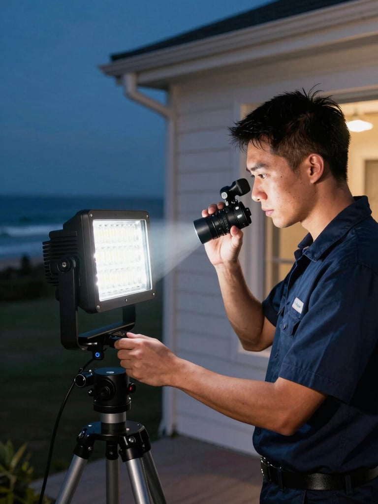 High-intensity LED work lights illuminating a professional technician in a clean navy uniform operating a digital video inspection camera inside a coastal home at night.