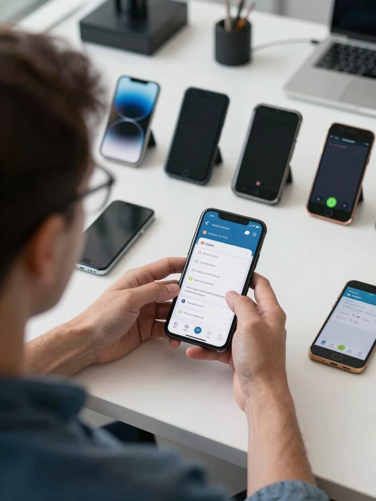 Over-the-shoulder shot of an engineer testing a mobile application across a rack of diverse physical Android devices, clean workspace, natural daylight.