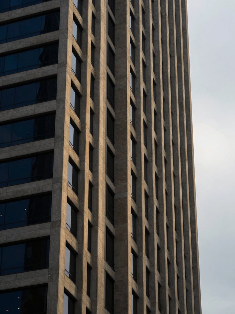 Architectural detail of a modern financial tower in Singapore, sharp geometric concrete lines against an overcast sky, low-key dramatic side-lighting, 35mm