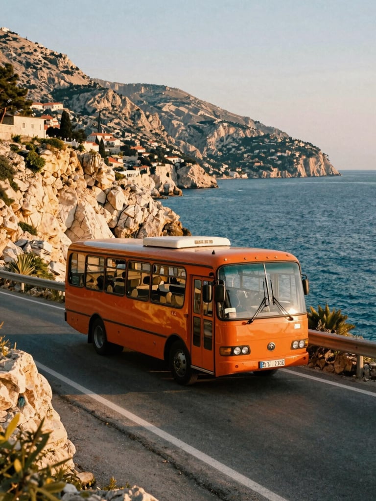 A local orange bus driving along a scenic coastal road in Dubrovnik, sun-drenched cliffs and the deep blue sea in the background, warm daylight.