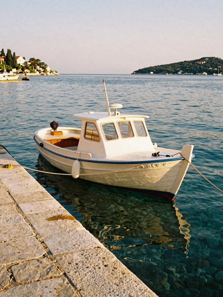 A classic white wooden ferry boat docked at a quiet stone pier in Dubrovnik, crystal clear Adriatic water, soft golden-hour light, warm Mediterranean tones.