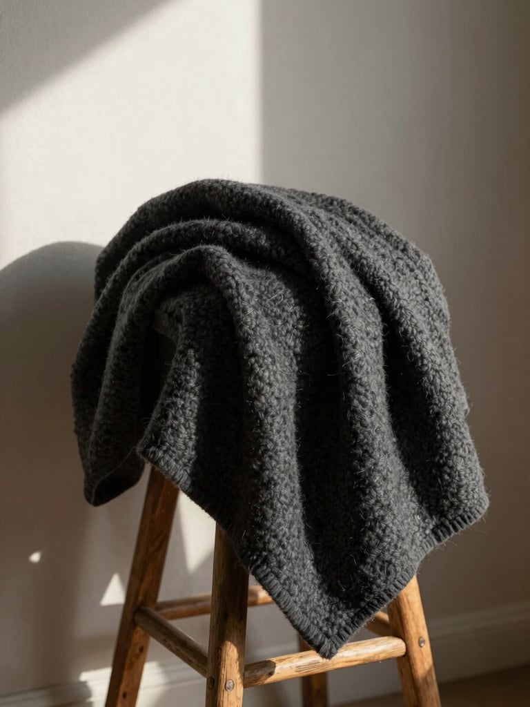 A thick, rumpled charcoal wool blanket draped over a worn wooden stool in a sunlit plaster-walled room, soft directional morning light, deep shadows