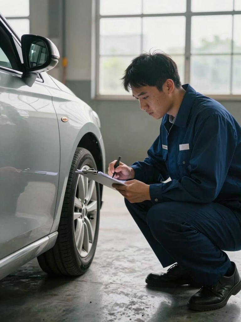 Documentary medium shot, natural daylight through warehouse windows — a vehicle inspector crouching beside a sedan's front wheel, clipboard in hand, reviewing a condition checklist; concrete floor, calm focused atmosphere
