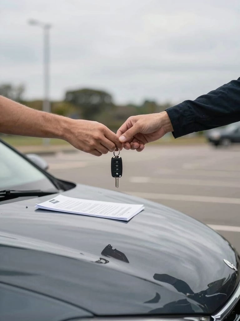 Wide medium shot of a car key changing hands between two people across a vehicle hood in a parking lot, natural overcast daylight, one hand reaching toward the other, documents visible on the hood surface, documentary framing