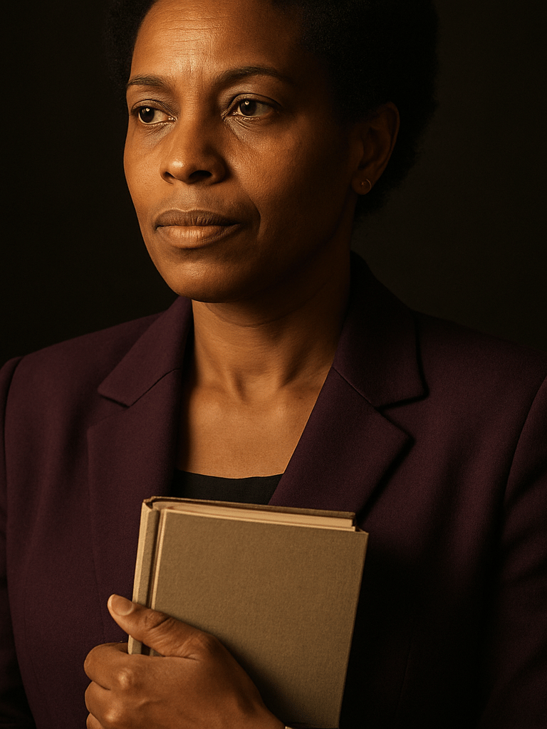 Close portrait, warm directional studio light from the left, Dr. Breedlove in a deep-purple blazer holding a hardcover book against her chest, gaze directed slightly off-camera with composed authority, dark background, gold light sculpting her jawline and hands